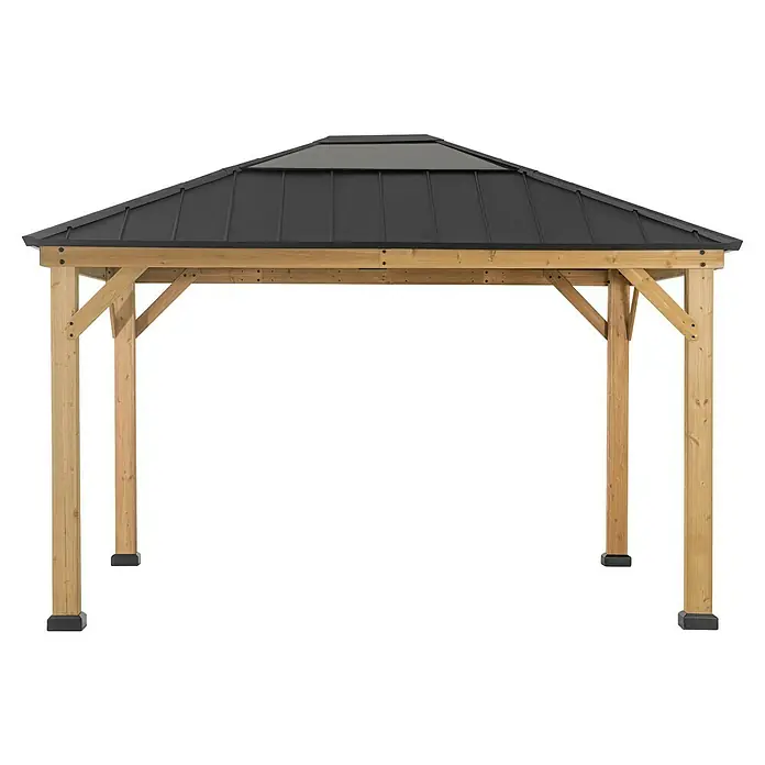 Sunjoy Pavillon Bruri - L x B: 394 x 336 cm, Farbe Dach: Anthrazit - Das Bild zeigt einen stilvollen Holzpavillon mit einem eleganten, dunklen Dach, ideal für den Garten. Der Pavillon bietet Schatten und Schutz.