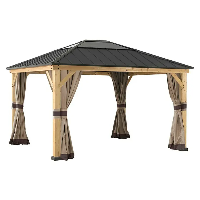 Sunjoy Pavillon-Seitenwände Polyester-Vorhangpaneele - Passend für: Sunjoy Gazebo Pavillons Bruri 336X394 cm, Braun - Holzpavillon mit dunklem Dach und beigen Vorhängen für den Garten. Ideal für entspannte Stunden im Freien und als stilvoller Schattenspender.