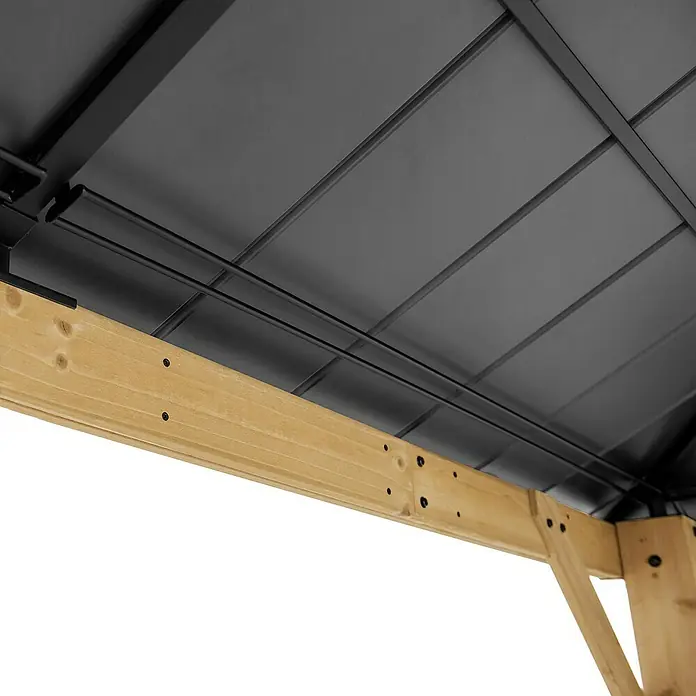 Sunjoy Pavillon Bruri - L x B: 394 x 336 cm, Farbe Dach: Anthrazit - Detailansicht eines Gartenpavillons mit einem schwarzen Metalldach und Holzstützbalken.