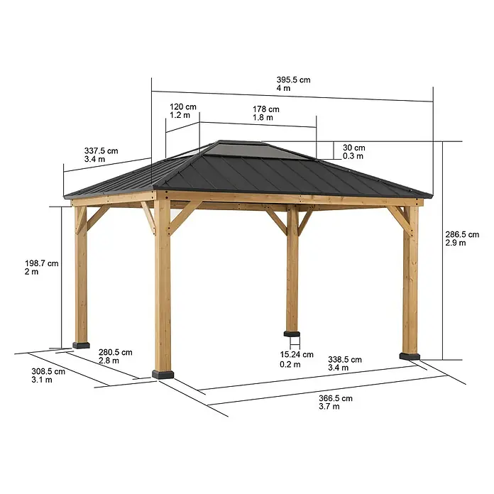Sunjoy Pavillon Bruri - L x B: 394 x 336 cm, Farbe Dach: Anthrazit - Produktabbildung eines Holzpavillons mit Maßangaben zu Höhe, Breite und Tiefe für eine detaillierte Produktansicht.