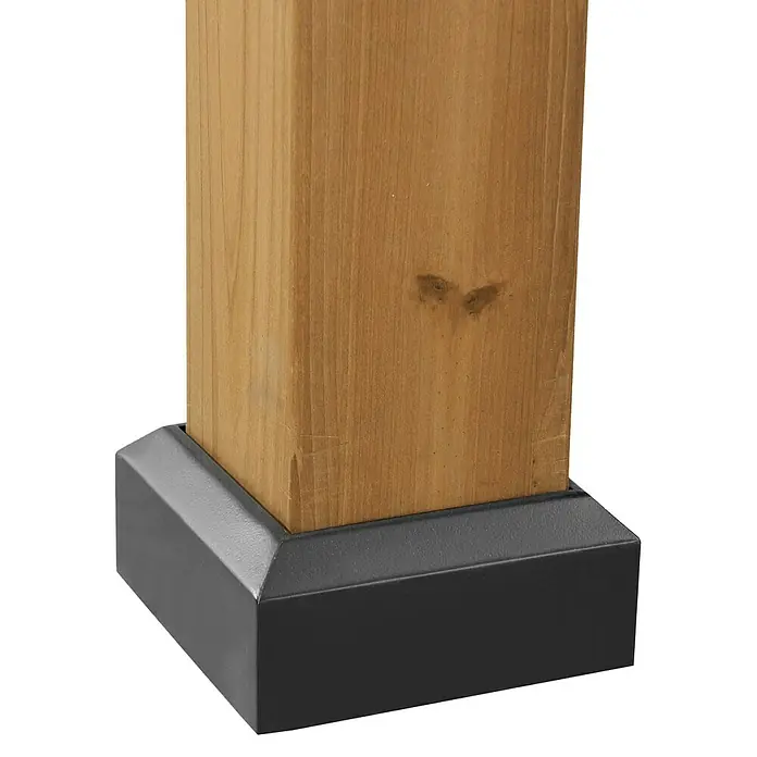 Sunjoy Pavillon Bruri - L x B: 394 x 336 cm, Farbe Dach: Anthrazit - Detailaufnahme einer Holzstütze mit einer schwarzen Basis. Die Basis schützt die Stütze und verleiht ihr ein modernes Aussehen.