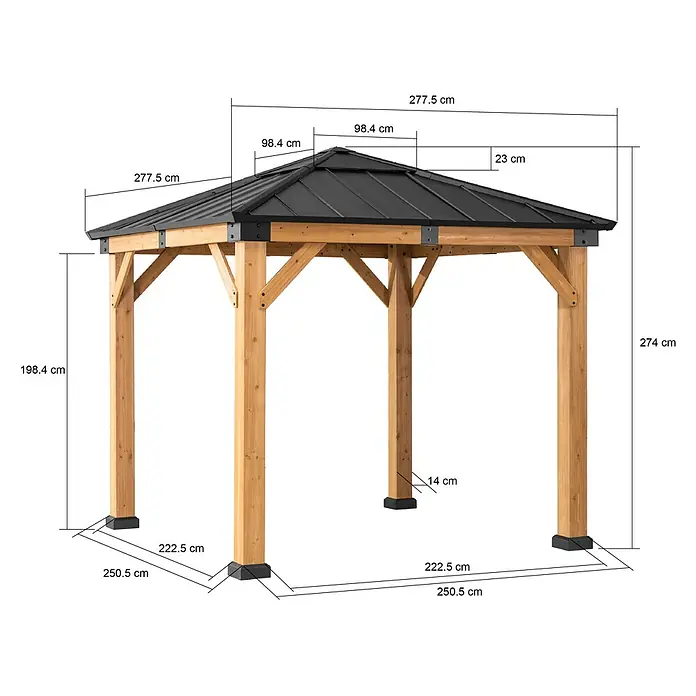 Sunjoy Pavillon Rapi - L x B: 273 x 273 cm, Farbe Dach: Anthrazit - Bild eines Pavillons mit genauen Maßangaben, die seine Größe und Abmessungen detailliert beschreiben.