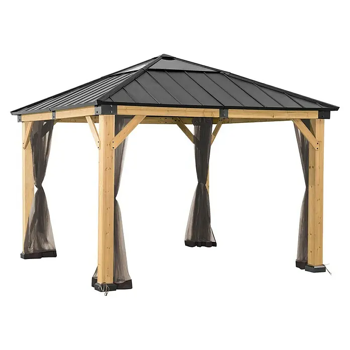 Sunjoy Pavillon-Seitenwände Moskitonetz - Passend für: Sunjoy Gazebo Pavillon Bruri 336x394 cm, Braun - Die stilvolle Gartenlaube bietet mit ihrem Holzrahmen und dem robusten Dach einen perfekten Rückzugsort im Freien.