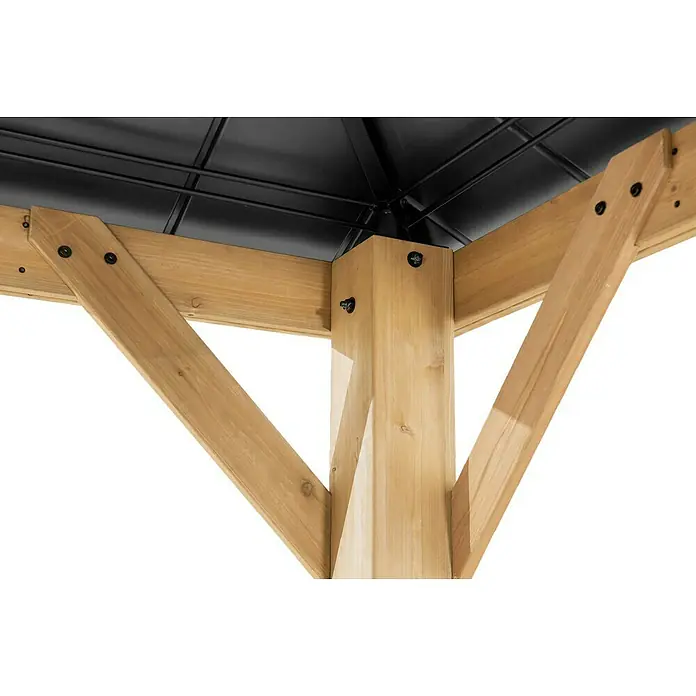 Sunjoy Pavillon Pirin - L x B: 336 x 336 cm, Farbe Dach: Anthrazit - Nahaufnahme eines Pavillons aus Holz mit schwarzem Dach, der Stabilität und Stil für den Außenbereich bietet.