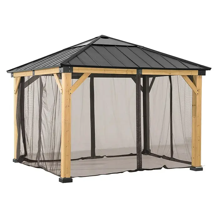 Sunjoy Pavillon-Seitenwände Moskitonetz - Passend für: Sunjoy Gazebo Pavillon Bruri 336x394 cm, Braun - Eine elegante Gartenlaube mit Holzrahmen und Moskitonetz für entspannte Stunden im Freien. Das Dach schützt vor Sonne und leichtem Regen.