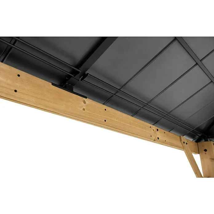 Sunjoy Pavillon Pirin - L x B: 336 x 336 cm, Farbe Dach: Anthrazit - Detailaufnahme eines Pavillons mit Holzrahmen und schwarzem Metalldach, das Stabilität und Schutz bietet.