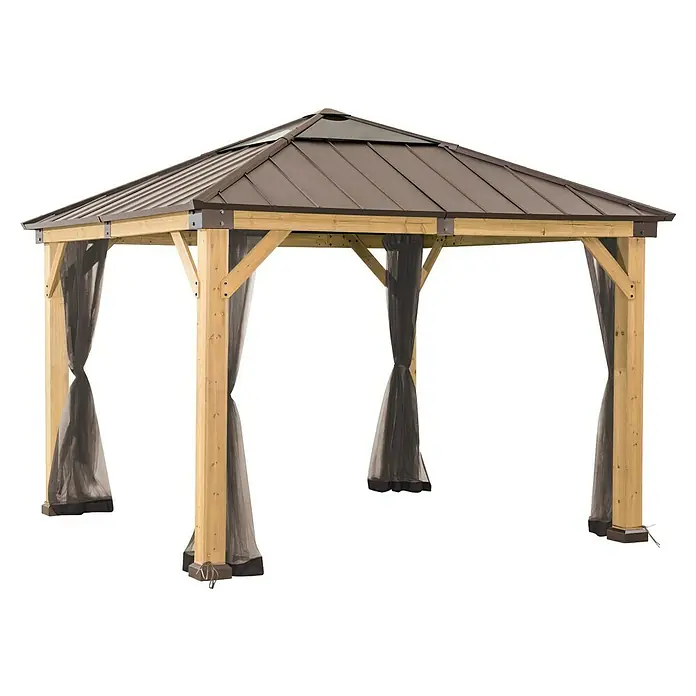 Sunjoy Pavillon-Seitenwände Moskitonetz - Passend für: Sunjoy Gazebo Pavillons Paps & Pirin 336x336 cm, Braun - Stilvoller Pavillon mit Holzrahmen und braunem Dach. Die Vorhänge verleihen einen Hauch von Eleganz. Ideal für Garten und Terrasse.