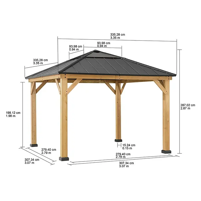 Sunjoy Pavillon Pirin - L x B: 336 x 336 cm, Farbe Dach: Anthrazit - Abmessungen des Pavillons: Höhe, Breite und Tiefe sind angegeben, um eine Vorstellung von der Größe und den Proportionen zu vermitteln.