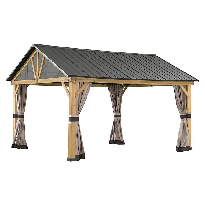 Sunjoy Pavillon-Seitenwände Polyester-Vorhangpaneele - Passend für: Sunjoy Gazebo Pavillon Tödi 336X400 cm, Braun - Detaillierte Ansicht eines Pavillons mit Metall-Dach und beigefarbenen Vorhängen, die an den Seiten drapiert sind, ideal für den Garten.