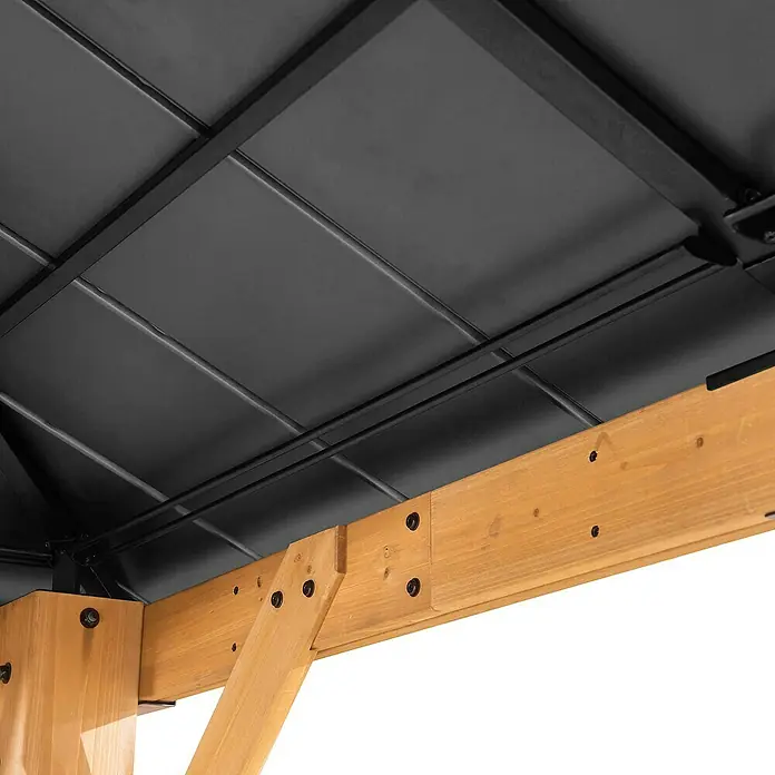 Sunjoy Pavillon Rapi - L x B: 273 x 273 cm, Farbe Dach: Anthrazit - Detailansicht der Pavillonkonstruktion mit Holzpfosten und solidem Metalldach für den Außenbereich.