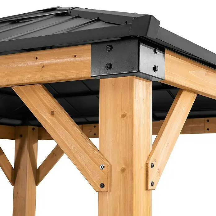Sunjoy Pavillon Rapi - L x B: 273 x 273 cm, Farbe Dach: Anthrazit - Detailaufnahme eines Pavillons aus Holz und Metall, der Stabilität und modernes Design vereint.