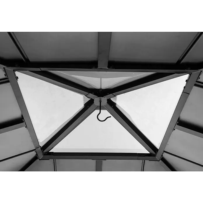 Sunjoy Pavillon Rapi - L x B: 273 x 273 cm, Farbe Dach: Anthrazit - Detailaufnahme der Oberseite eines Pavillons mit einer Hängevorrichtung. Die Metallstruktur und das helle Dachfenster sind gut erkennbar.