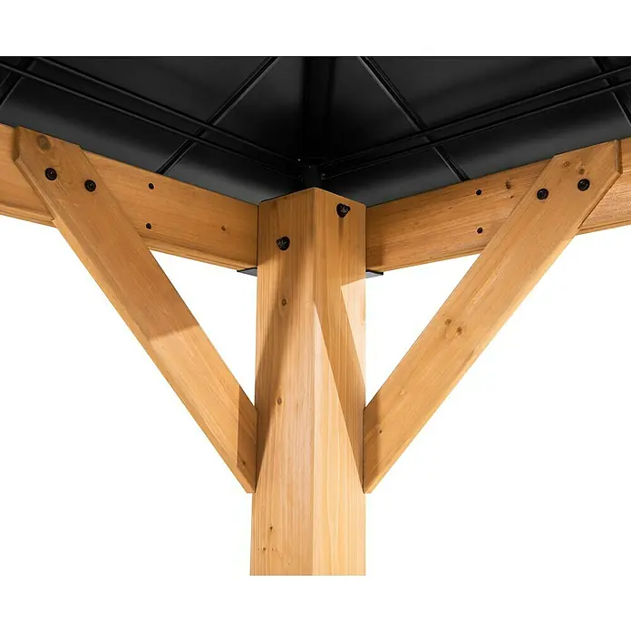 Sunjoy Pavillon Rapi - L x B: 273 x 273 cm, Farbe Dach: Anthrazit - Nahaufnahme der Holzkonstruktion eines Pavillons, die die Eckpfeiler und Stützbalken zeigt.\n