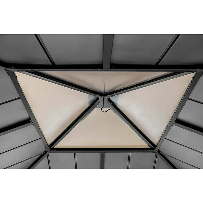 Sunjoy Pavillon Pirin - L x B: 336 x 336 cm, Farbe Dach: Anthrazit - Detaillierte Aufnahme des Pavillondachs mit Metallrahmen und Stoffbahnen, sowie einem Haken in der Mitte.