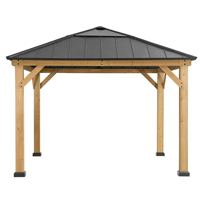 Sunjoy Pavillon Pirin - L x B: 336 x 336 cm, Farbe Dach: Anthrazit - Bild eines Holzpavillons mit einem Metalldach. Das Produkt bietet einen schattigen und stilvollen Außenbereich.
