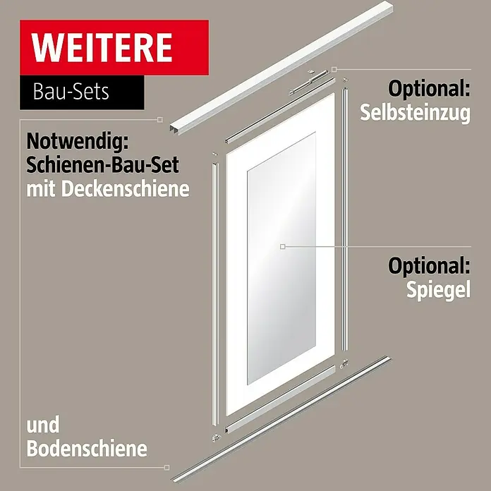 Room Plaza Easy Doing Schiebetür-Bau-Set - Ahorn Naturwuchs, Farbe Beschlag: Silber - Schematische Darstellung eines Schiebetürsystems mit optionalen Elementen wie Spiegel und Selbsteinzug.