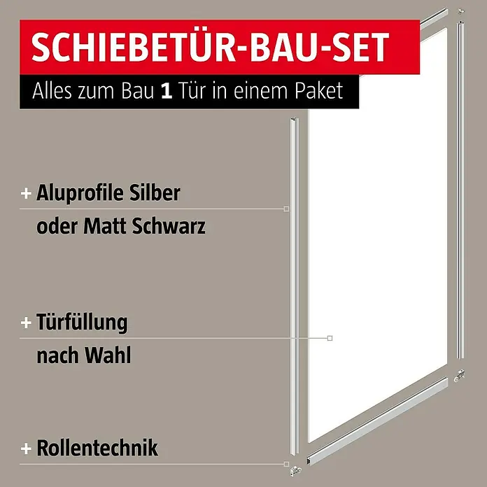 Room Plaza Easy Doing Schiebetür-Bau-Set - Ahorn Naturwuchs, Farbe Beschlag: Silber - Abbildung eines Schiebetür-Bausatzes mit verschiedenen Komponenten wie Aluprofilen, Türfüllung und Rollentechnik.