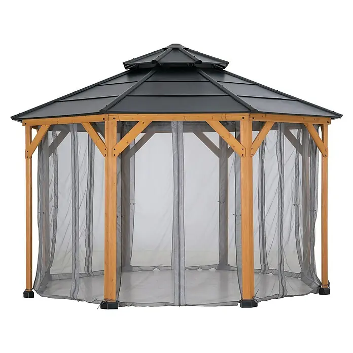 Sunjoy Pavillon-Seitenwände Moskitonetz - Passend für: Sunjoy Gazebo Pavillon Eggi 395x395 cm, Grau - Abbildung eines sechseckigen Gartenpavillons mit Holzrahmen und Moskitonetz. Das Dach ist aus dunklem Metall gefertigt.