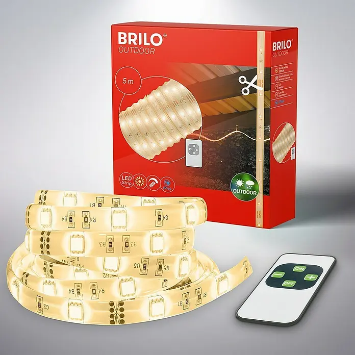 Briloner Tira LED Varma - Largo: 5 m, Blanco cálido, 240 lm - La imagen muestra una tira de luz LED Brilo Outdoor con un mando a distancia y embalaje, perfecta para la iluminación exterior, con 5 metros.