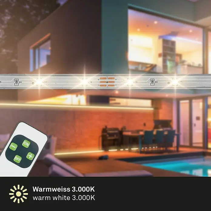 Briloner Tira LED Varma - Largo: 5 m, Blanco cálido, 240 lm - Tira LED con mando a distancia para iluminación exterior, luz blanca cálida que crea un ambiente agradable.