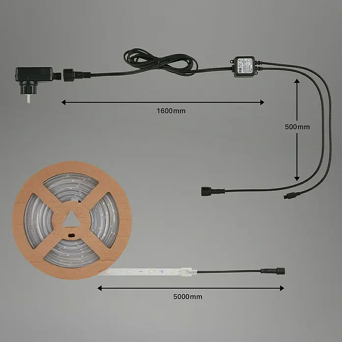 Briloner Tira LED Varma - Largo: 5 m, Blanco cálido, 240 lm - Tira LED en un rollo y accesorios con indicaciones de tamaño.