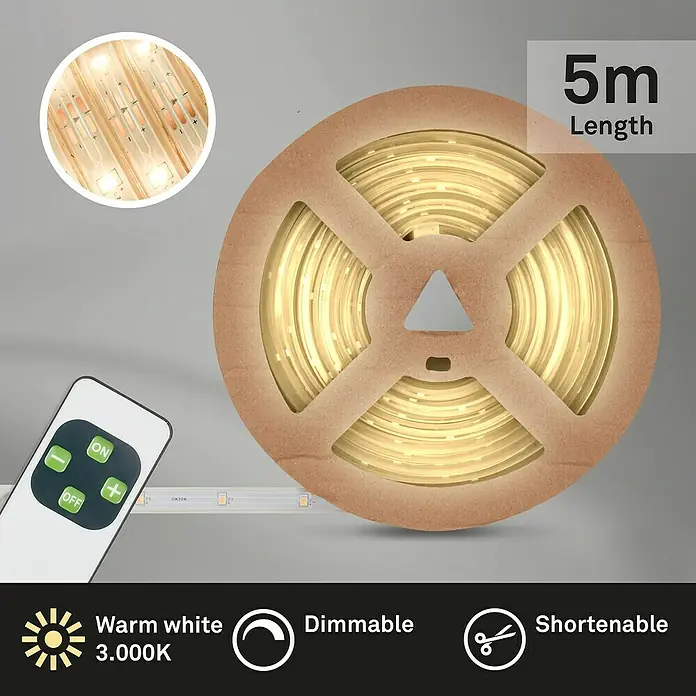 Briloner Tira LED Varma - Largo: 5 m, Blanco cálido, 240 lm - Tira de LED en un rollo con control remoto y detalles del producto sobre longitud, color y atenuación.