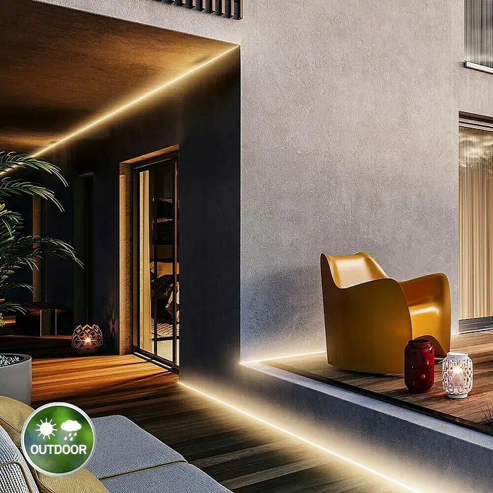 Briloner Tira LED Varma - Largo: 5 m, Blanco cálido, 240 lm - Áreas exteriores iluminadas con tiras LED, creando un ambiente moderno y acogedor. Perfecto para cualquier jardín.