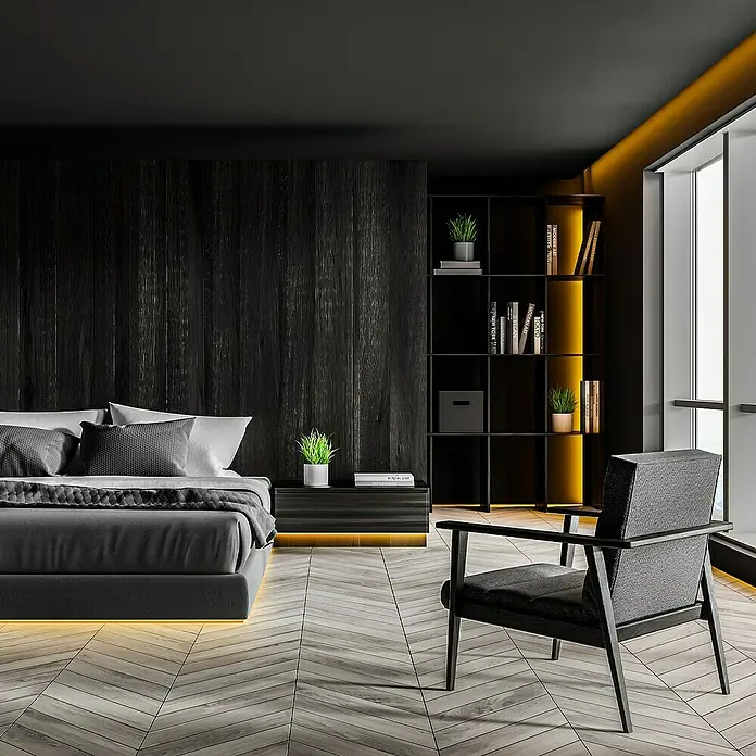 Briloner Tira LED RGB + USB - Largo: 4 m, RGB - Elegante diseño de dormitorio con madera oscura, iluminación de acento y un sillón elegante que invita a relajarse.