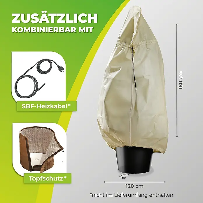 BioGreen Winterschutzhaube XXL - Ø x H: 76 x 180 cm, 70 g/m² - Produktbild einer Pflanzenhaube mit Zubehör, wie Heizkabel und Topfschutz, die zusätzlich erworben werden können.