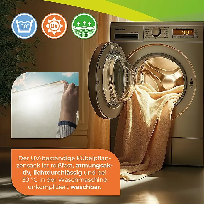 BioGreen Winterschutzhaube S - Ø x H: 38 x 80 cm, 70 g/m² - Produktbild: Ein Kübelpflanzensack, der UV-beständig, reißfest, atmungsaktiv und bei 30 °C in der Waschmaschine waschbar ist.