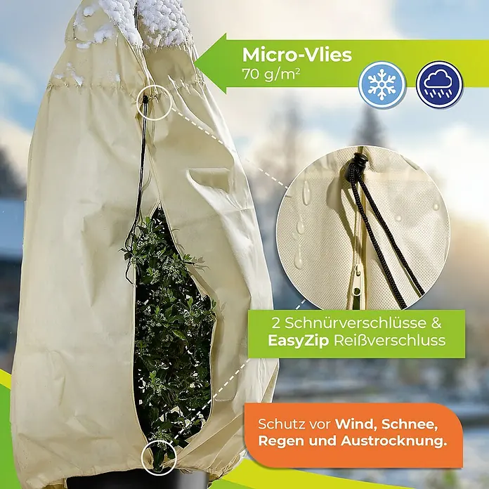 BioGreen Winterschutzhaube XXL - Ø x H: 76 x 180 cm, 70 g/m² - Nahaufnahme einer Pflanzenabdeckung, die Pflanzen vor Wind, Schnee, Regen und Austrocknung schützt.