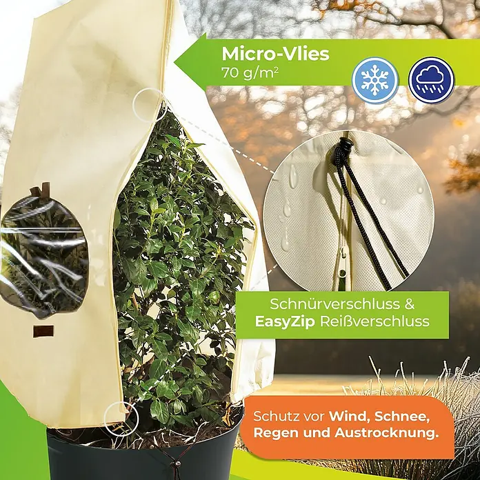 BioGreen Winterschutzhaube Window XL - Ø x H: 51 x 100 cm, 70 g/m² - Pflanzenschutzhülle aus Micro-Vlies (70 g/m²) mit Fenster, Schnür- und Reißverschluss schützt Pflanzen vor Wind, Schnee, Regen und Austrocknung.
