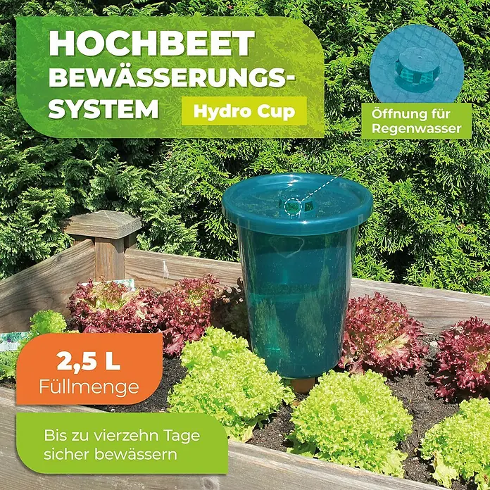 BioGreen Bewässerungssystem Hydro Cup - 4 Stk. - Das Hochbeet Bewässerungssystem "Hydro Cup" mit einem Füllvolumen von 2,5 Litern bewässert bis zu vierzehn Tage sicher.