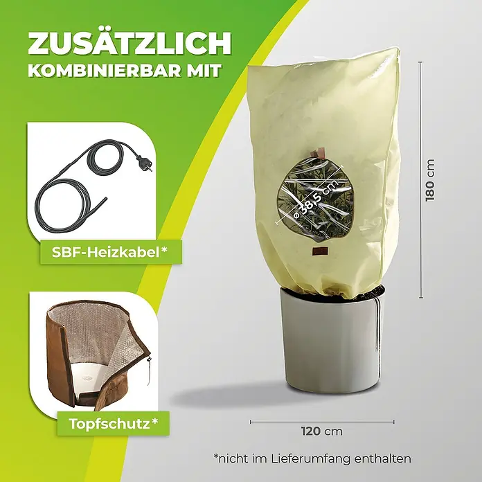 BioGreen Winterschutzhaube Window XL - Ø x H: 51 x 100 cm, 70 g/m² - Produktbild: Winterfester Pflanzensack mit Zubehör.