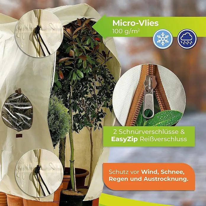 BioGreen Winterschutzhaube Jumbo Window - 240 x 200 cm, 100 g/m² - Das Bild zeigt eine Schutzhülle für Pflanzen, die vor Wind, Schnee und Regen schützt. Mit Reißverschluss und Kordelzug.