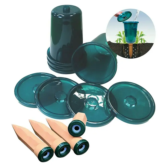BioGreen Bewässerungssystem Hydro Cup - 4 Stk. - Bild von einem Set aus Bewässerungskugeln und Erdspießen für eine optimale Pflanzenversorgung.