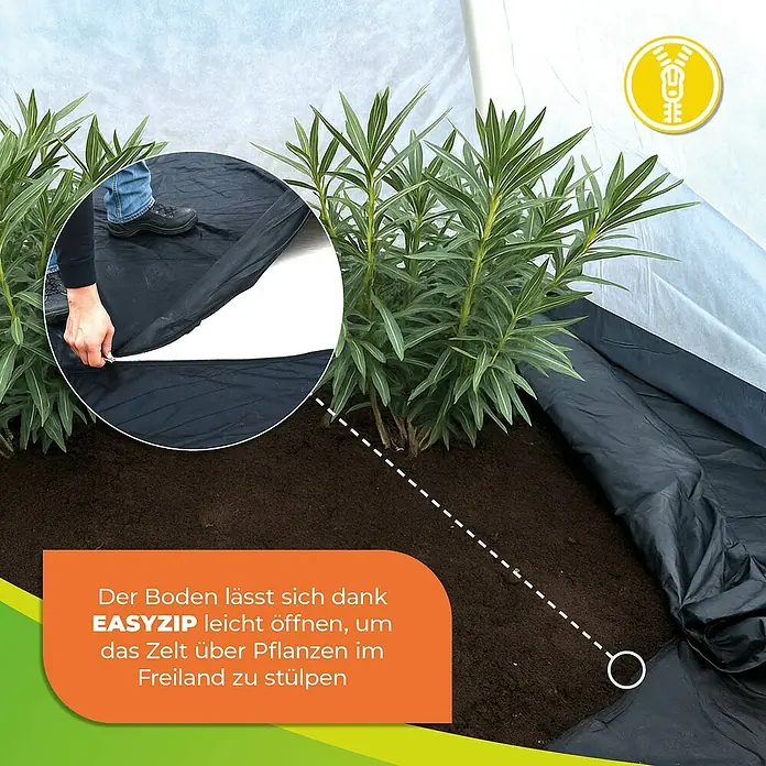 BioGreen Winterschutzzelt TROPICAL ISLAND BREEZE L - Ø x H: 220 x 200 cm, Kunststoff - Nahaufnahme des EASYZIP-Bodens eines Zeltes, der sich leicht öffnen lässt, um Pflanzen im Freien abzudecken, dargestellt mit Pflanzen.