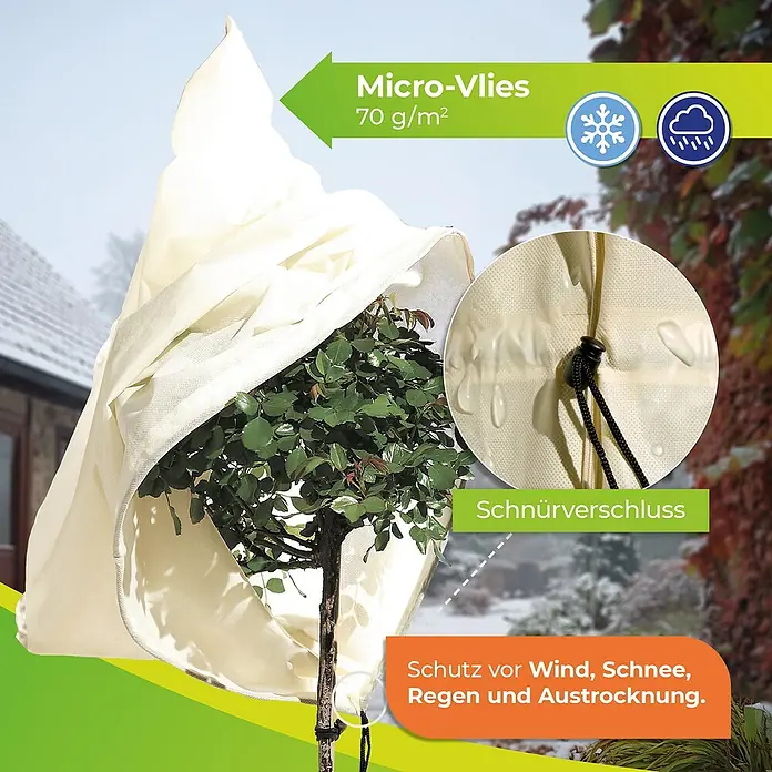BioGreen Winterschutzhaube S - Ø x H: 38 x 80 cm, 70 g/m² - Das Bild zeigt eine Winterabdeckung für Pflanzen, die Schutz vor Wind, Schnee, Regen und Austrocknung bietet.