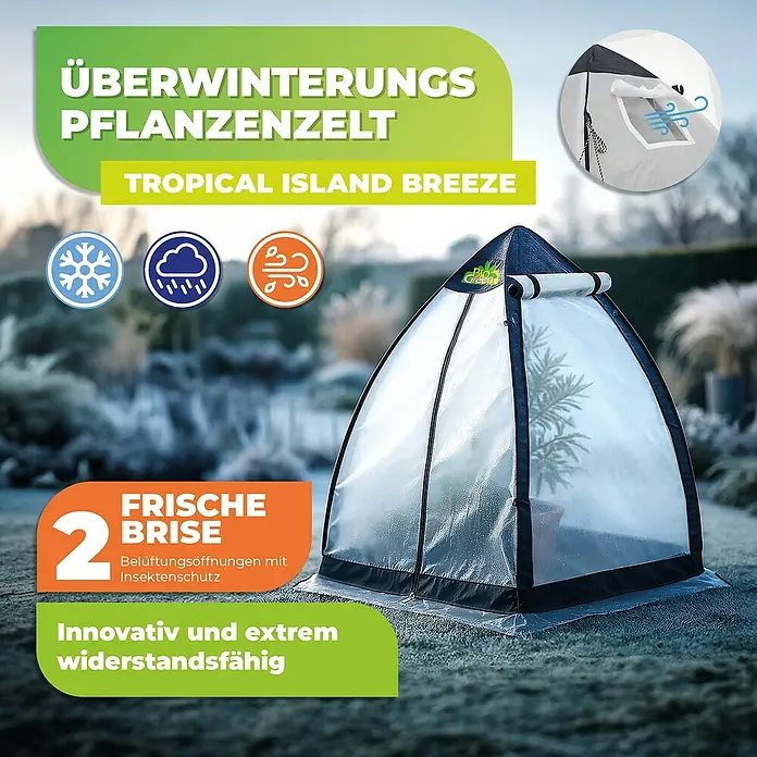 BioGreen Winterschutzzelt TROPICAL ISLAND BREEZE L - Ø x H: 220 x 200 cm, Kunststoff - Bild eines Bio Green Pflanzenzeltes "Tropical Island Breeze", das Pflanzen vor Frost schützt und eine optimale Belüftung bietet.