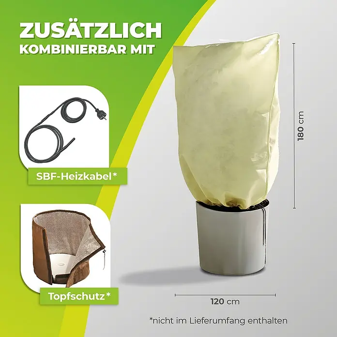 BioGreen Winterschutzhaube XL - Ø x H: 51 x 100 cm, 70 g/m² - Produktbild mit einer Pflanzenabdeckung, einem Heizkabel und einem Topfschutz, die zusätzlich erworben werden können.