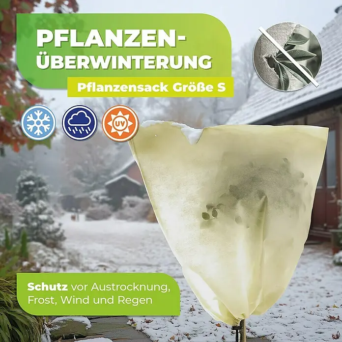BioGreen Winterschutzhaube S - Ø x H: 38 x 80 cm, 70 g/m² - Das Bild zeigt einen Pflanzensack der Größe S, der Pflanzen im Winter vor Frost, Wind und Regen schützt und gleichzeitig vor Austrocknung bewahrt.