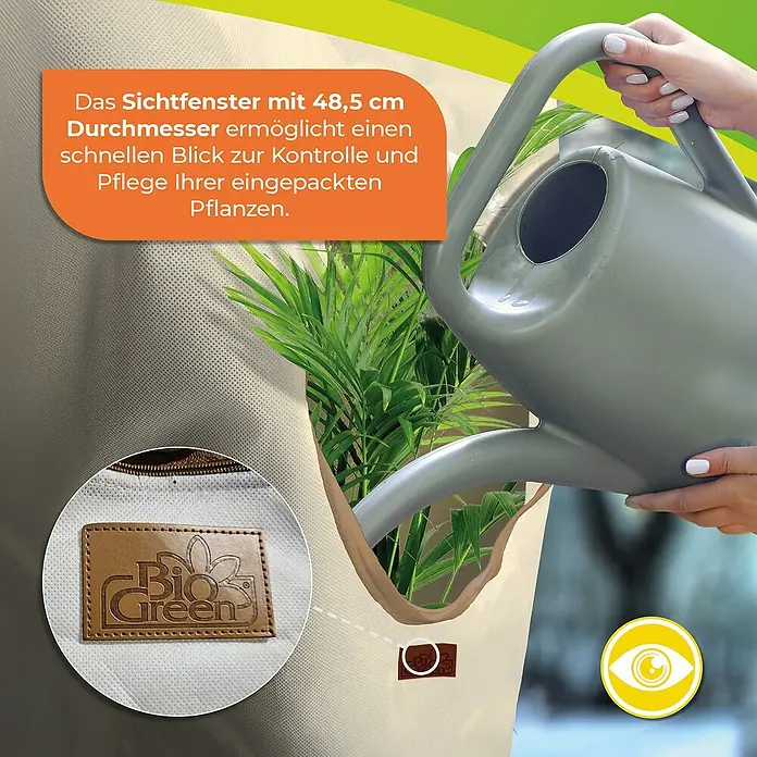 BioGreen Winterschutzhaube Jumbo Window - 240 x 200 cm, 100 g/m² - Nahaufnahme des Bio-Green Pflanzschutzes mit Sichtfenster, das einen schnellen Blick auf die Pflanzen ermöglicht und Pflege erleichtert.