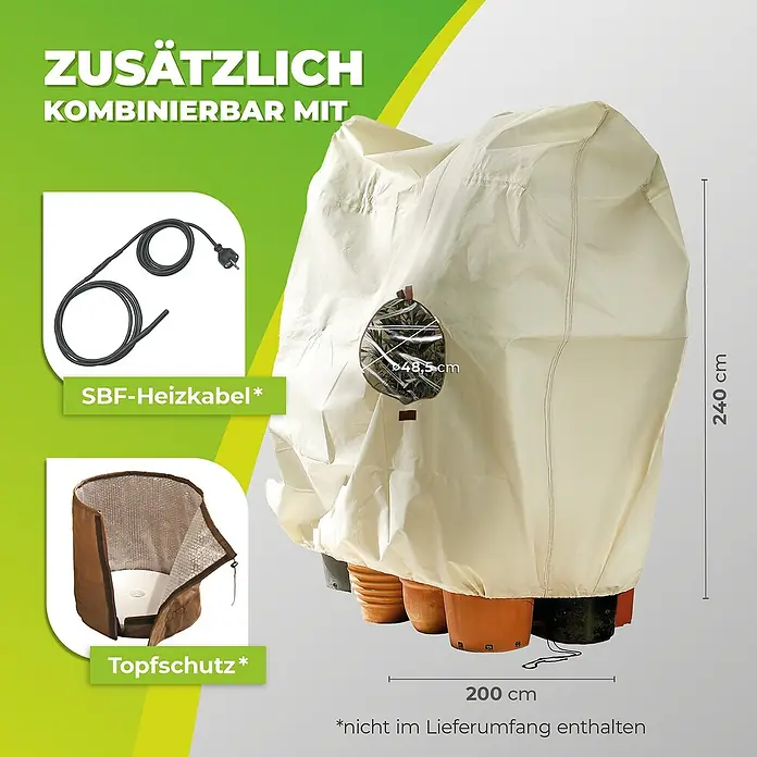 BioGreen Winterschutzhaube Jumbo Window - 240 x 200 cm, 100 g/m² - Produktbild einer Pflanzenüberwinterungshaube mit optionalem Heizkabel und Topfschutz.