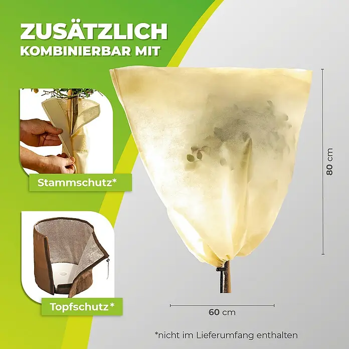 BioGreen Winterschutzhaube S - Ø x H: 38 x 80 cm, 70 g/m² - Produktbild eines Winterschutzes für Pflanzen, kombiniert mit Stammschutz und Topfschutz, mit Größenangaben.