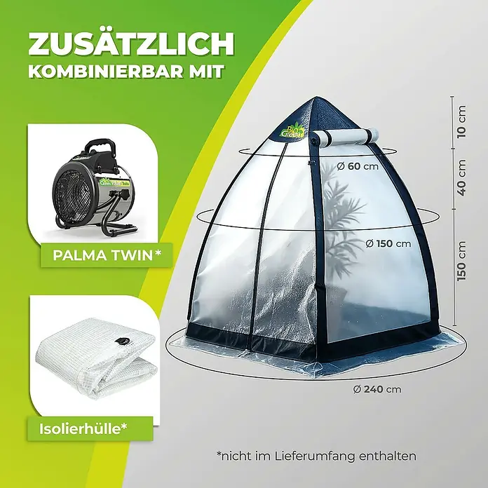 BioGreen Winterschutzzelt TROPICAL ISLAND BREEZE L - Ø x H: 220 x 200 cm, Kunststoff - Produktbild eines Gewächshauses mit Zubehör, das separat erhältlich ist. Inklusive Palma Twin Heizung und Isolierhülle.