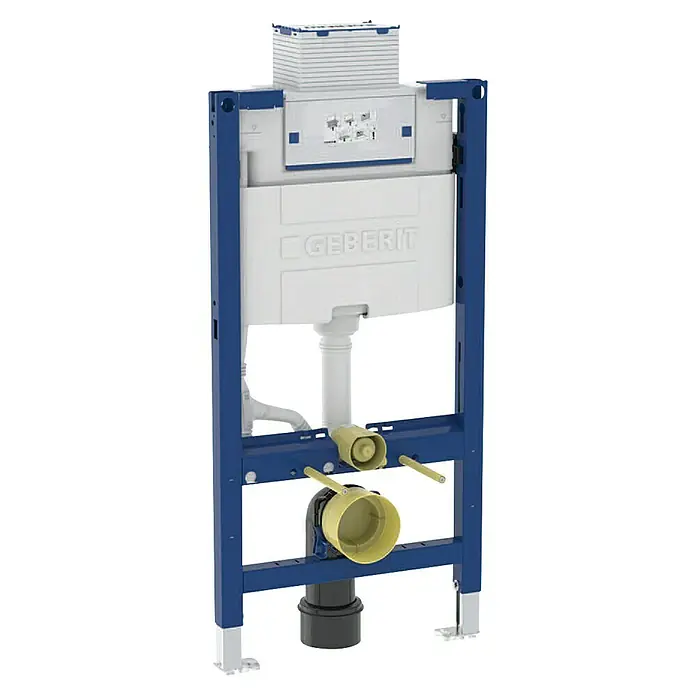 Geberit Duofix WC-Vorwandelement 111.030.00.2 - 2-Mengen-Spülung, L x B x H: 14 x 50 x 98 cm - Geberit Installationssystem mit blauem Rahmen und weißem Spülkasten, ideal für moderne Badezimmer.