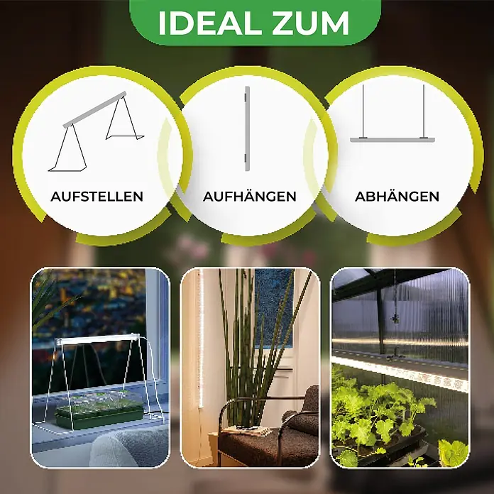 BioGreen Pflanzenlampe Florabooster 200 - Länge: 90 cm - Bild zeigt die vielseitigen Installationsmöglichkeiten der LED-Pflanzenlampe.