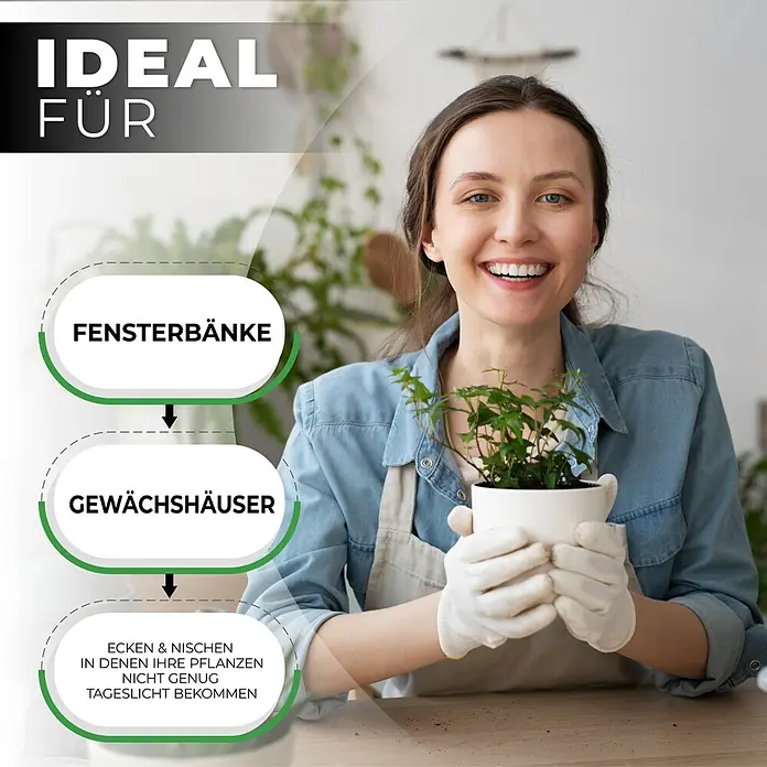 BioGreen Pflanzenlampe Florabooster 200 - Länge: 90 cm - Das Bild zeigt eine Frau mit einer Pflanze, die für Fensterbänke, Gewächshäuser und dunkle Ecken geeignet ist.