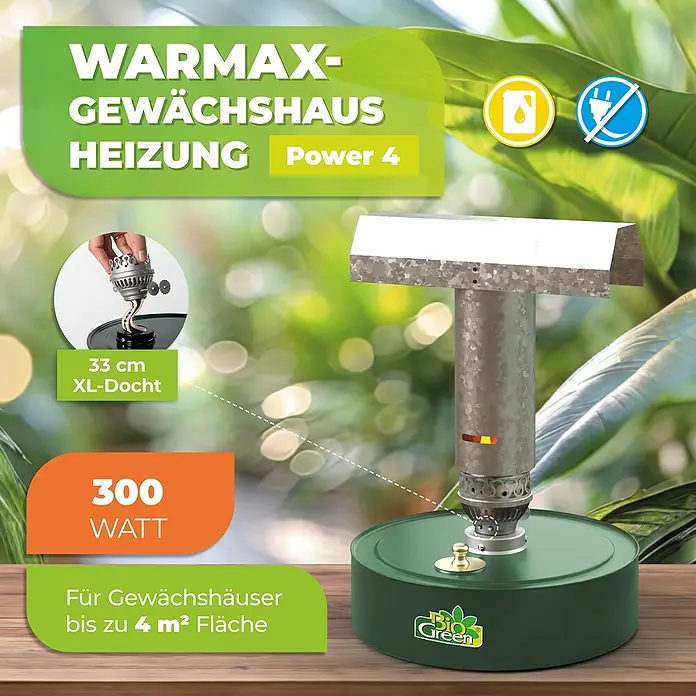 BioGreen Gewächshaus-Heizung Warmax Power 4 - 30 x 30 x 41 cm, Leistung: 300 W - Produktbild einer Warmax-Gewächshausheizung Power 4, einer Heizlösung für Gewächshäuser bis zu 4 m² Fläche, die 300 Watt Leistung bietet.