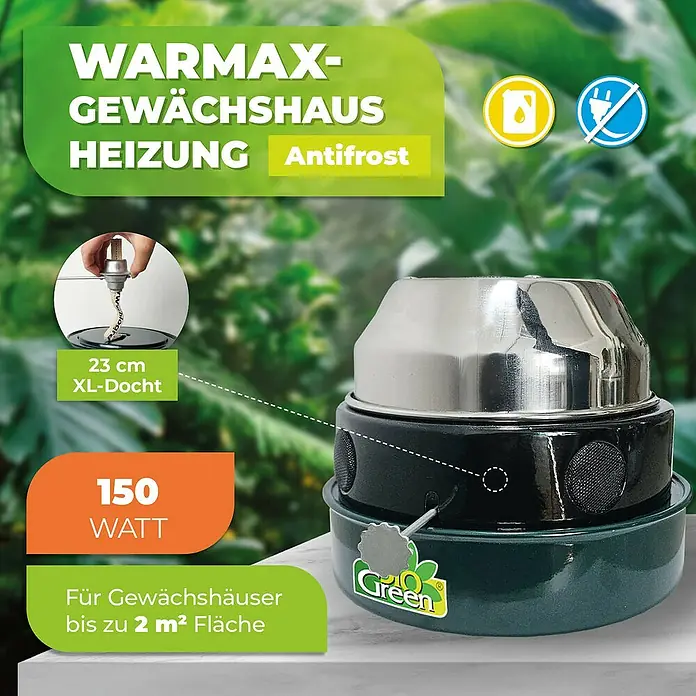 BioGreen Gewächshaus-Heizung Warmax Antifrost - 18 x 18 x 19 cm, Leistung: 150 W - Abbildung einer Warmax-Gewächshausheizung mit einer Leistung von 150 Watt, geeignet für Gewächshäuser bis zu 2 m² Fläche.
